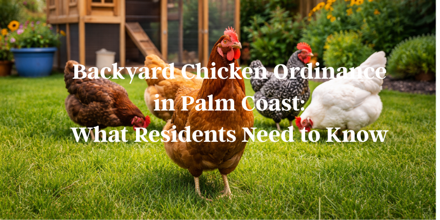 Chickens roaming in a residential Palm Coast backyard with a small chicken coop, illustrating permitted backyard chicken practices.