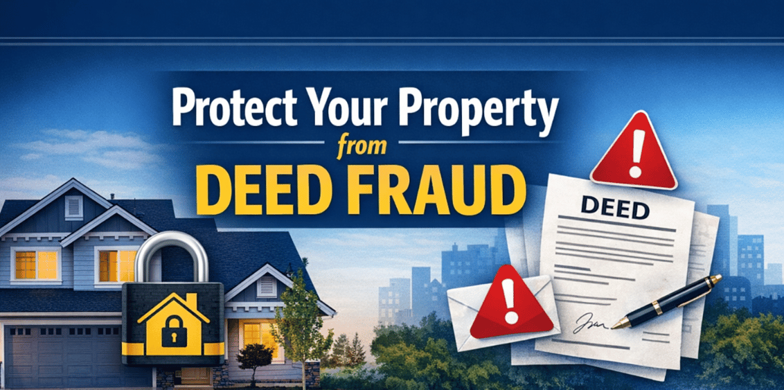 A residential home secured with a lock icon, warning alert symbols, and document imagery representing deed fraud protection in Flagler County Florida