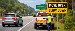 A Florida roadway near Palm Coast shows a service truck with flashing lights on the shoulder as a driver safely changes lanes beside a “Move Over, Slow Down” sign, illustrating Florida’s Move Over Law and roadside safety in Flagler County.