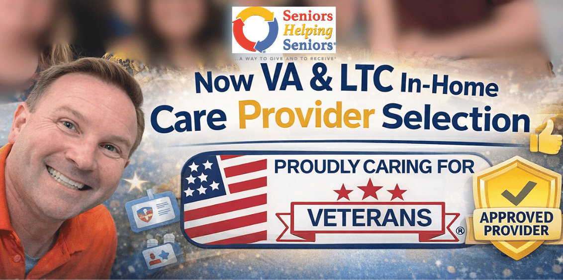 Seniors Helping Seniors care team gathered in front of their office logo in Palm Coast, Florida, announcing their approval as a preferred partner for VA and long-term care insurance in-home care provider selection. The image highlights their role as a trusted local option for Veterans and policy holders who are approved for care and must request Seniors Helping Seniors by name to receive services throughout Flagler County, Volusia County, and St. Johns County | Palm Coast Local