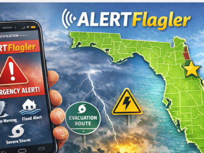 Emergency weather alert system in Flagler County Florida showing ALERTFlagler notifications on a mobile phone with Florida map highlighting Flagler County and storm warning icons | Palm Coast Local