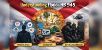 Illustration highlighting key intelligence terms from Florida House Bill 945 — “Patterns of Life,” “Tradecraft,” and “Direct Action Missions” — displayed over the Florida state flag to represent the proposed statewide counterintelligence and counterterrorism unit within FDLE.