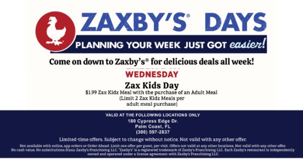 ZAX Kids Meal 1.99 with purchase of Adult Meal | Palm Coast Local Restaurant Discount