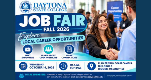 Explore local career opportunities at Daytona State College's Fall 2026 Job Fair in Palm Coast on October 14 from 10 a.m. to 1 p.m.