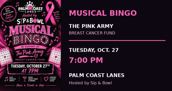 Musical Bingo October 27, 2026 supporting The Pink Army Breast Cancer Fund at Palm Coast Lanes on PalmCoastLocal.com